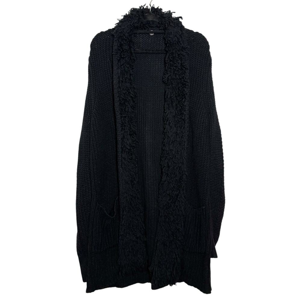 Margaret O’Leary Black Cotton Cashmere Open Long Shag Trim Cardigan Sweater - S